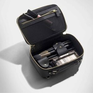 Bandolier Black Leather Cosmetic Case with Gold Hardware